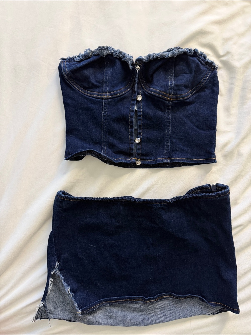 Denim Bustier Crop Top & Mini Skirt Set - Dark Blue